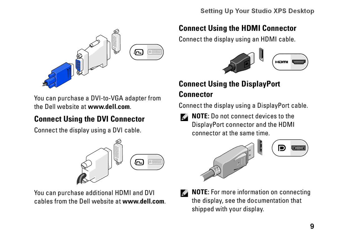 Dell KYX1Y Connect Using the DVI Connector, Connect Using the Hdmi Connector, Connect Using the DisplayPort Connector 