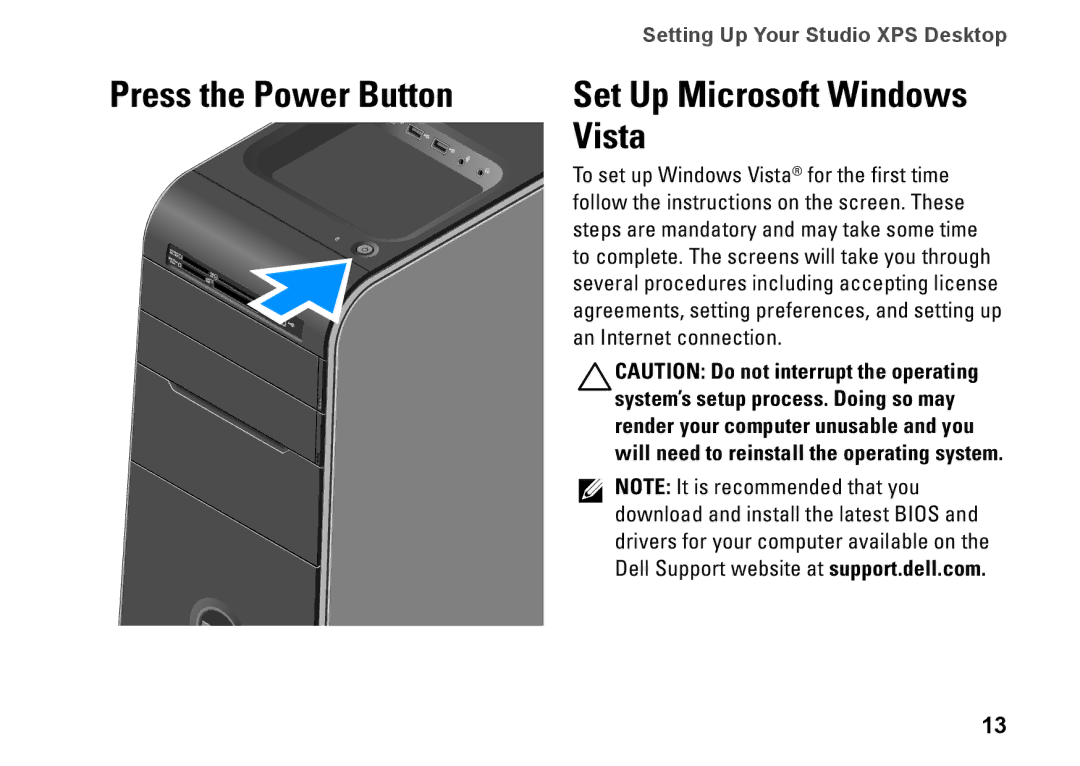 Dell KYX1Y, 9000 setup guide Press the Power Button, Vista 