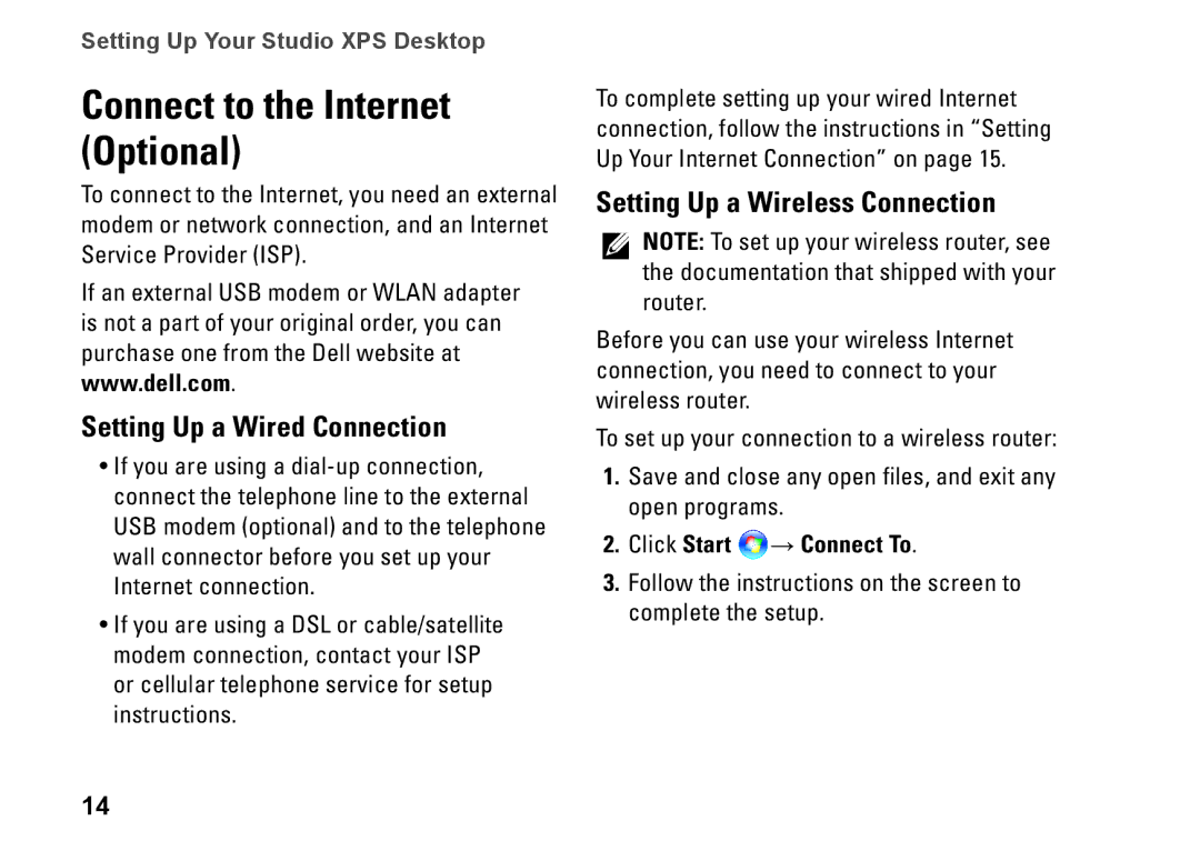 Dell 9000, KYX1Y Connect to the Internet Optional, Setting Up a Wired Connection, Setting Up a Wireless Connection 