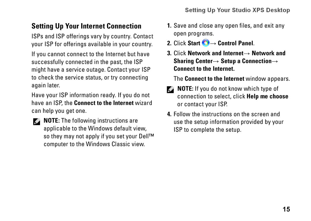 Dell KYX1Y, 9000 setup guide Setting Up Your Internet Connection, Click Start → Control Panel 