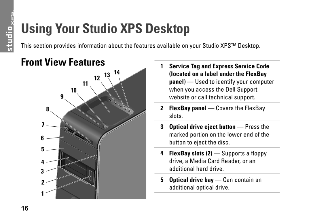 Dell 9000, KYX1Y setup guide Using Your Studio XPS Desktop, Front View Features, 12 13, Optical drive bay Can contain an 