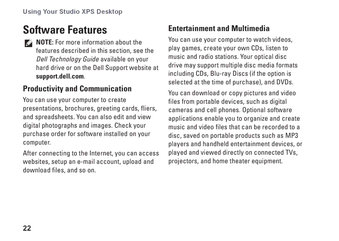 Dell 9000, KYX1Y setup guide Software Features, Productivity and Communication, Entertainment and Multimedia 