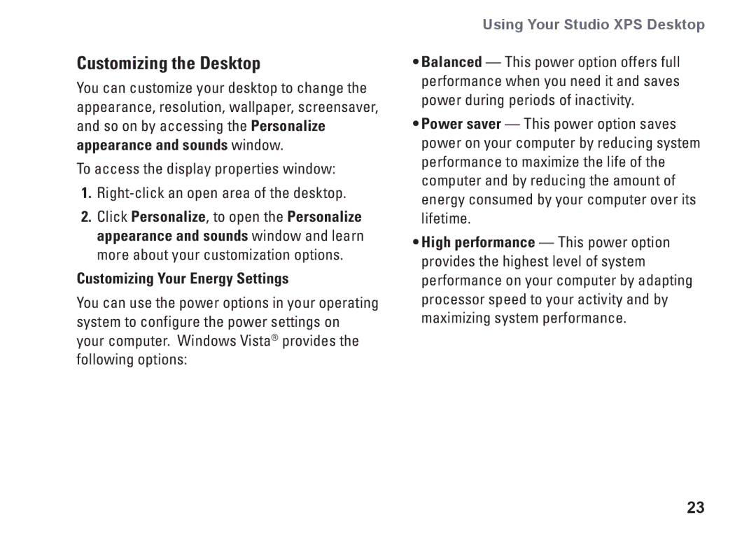 Dell KYX1Y, 9000 setup guide Customizing the Desktop, Customizing Your Energy Settings 