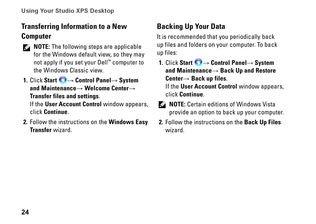 Dell 9000, KYX1Y setup guide Transferring Information to a New Computer, Backing Up Your Data 