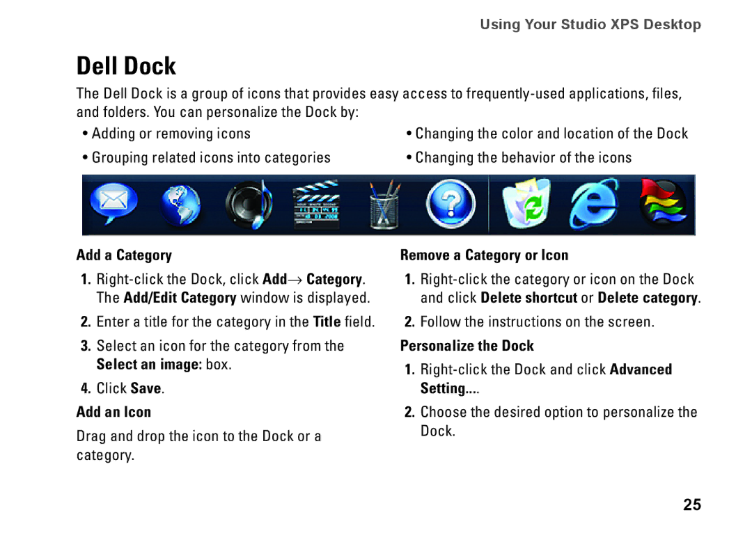 Dell KYX1Y, 9000 setup guide Dell Dock, Add a Category, Add an Icon, Remove a Category or Icon, Personalize the Dock 