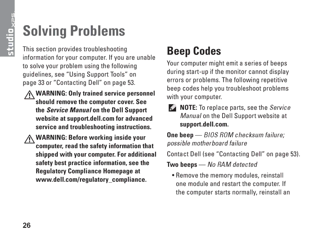 Dell 9000, KYX1Y setup guide Solving Problems, Beep Codes, Support.dell.com 