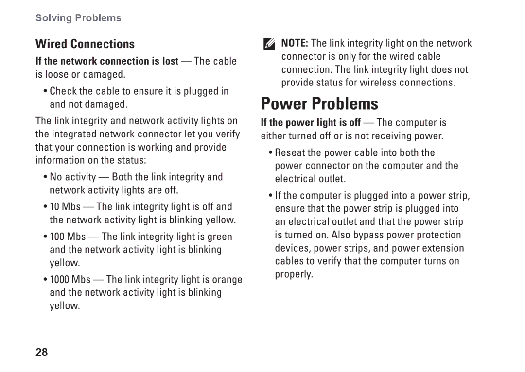 Dell 9000, KYX1Y setup guide Power Problems, Wired Connections 