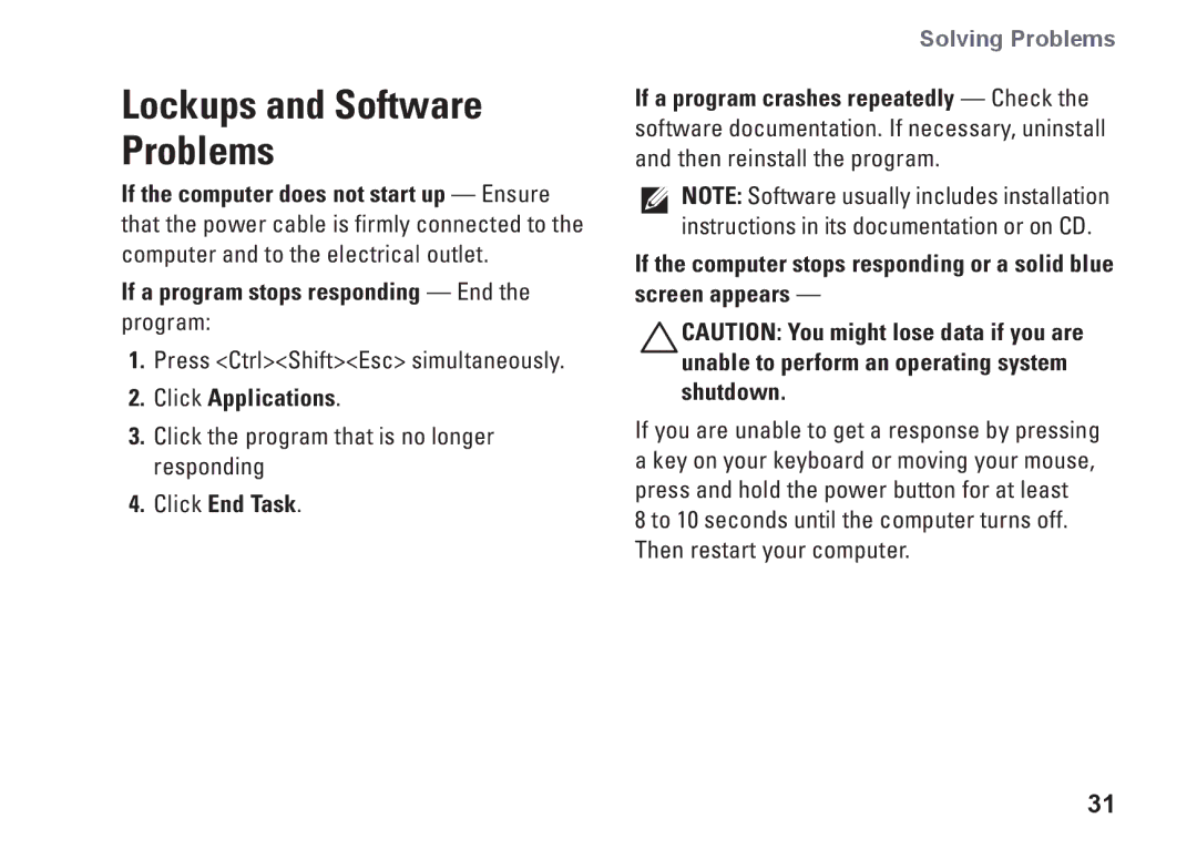 Dell KYX1Y, 9000 Lockups and Software Problems, If a program stops responding End the program, Click Applications 