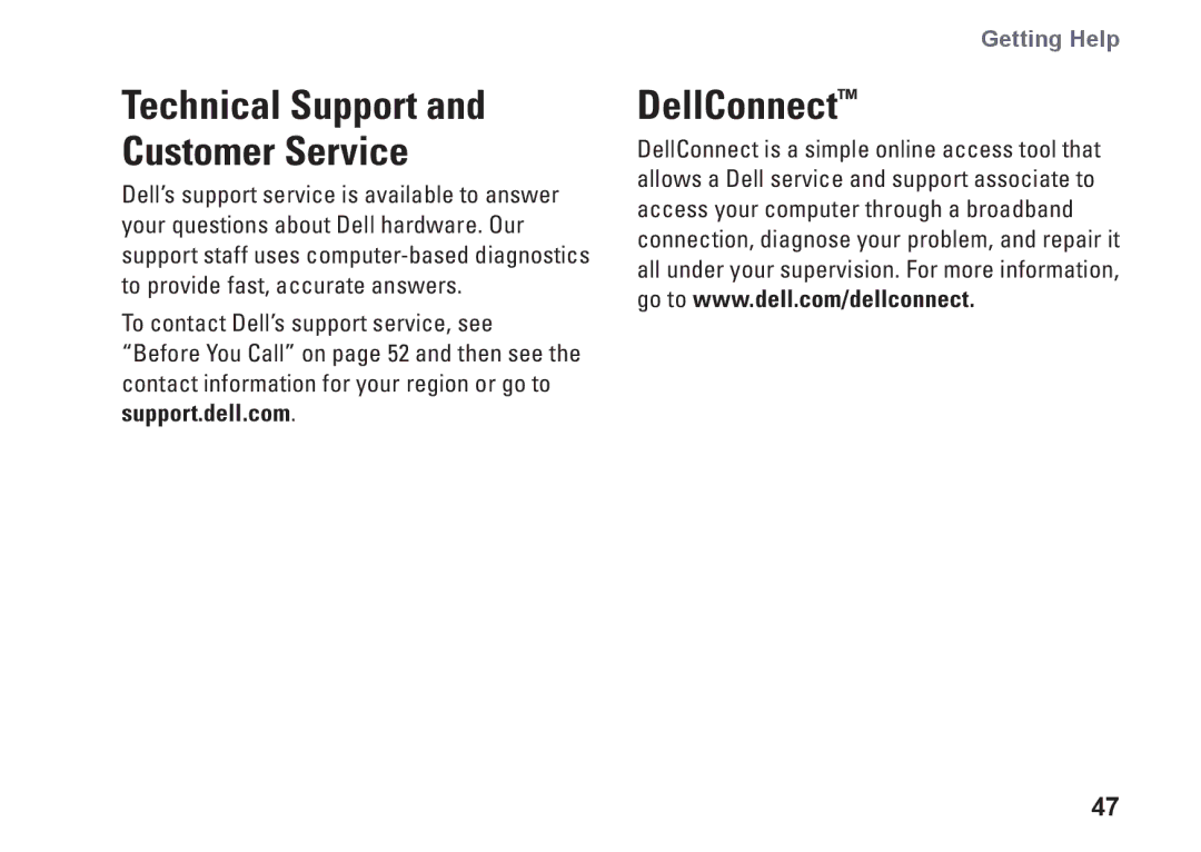 Dell KYX1Y, 9000 setup guide DellConnect, Technical Support and Customer Service 