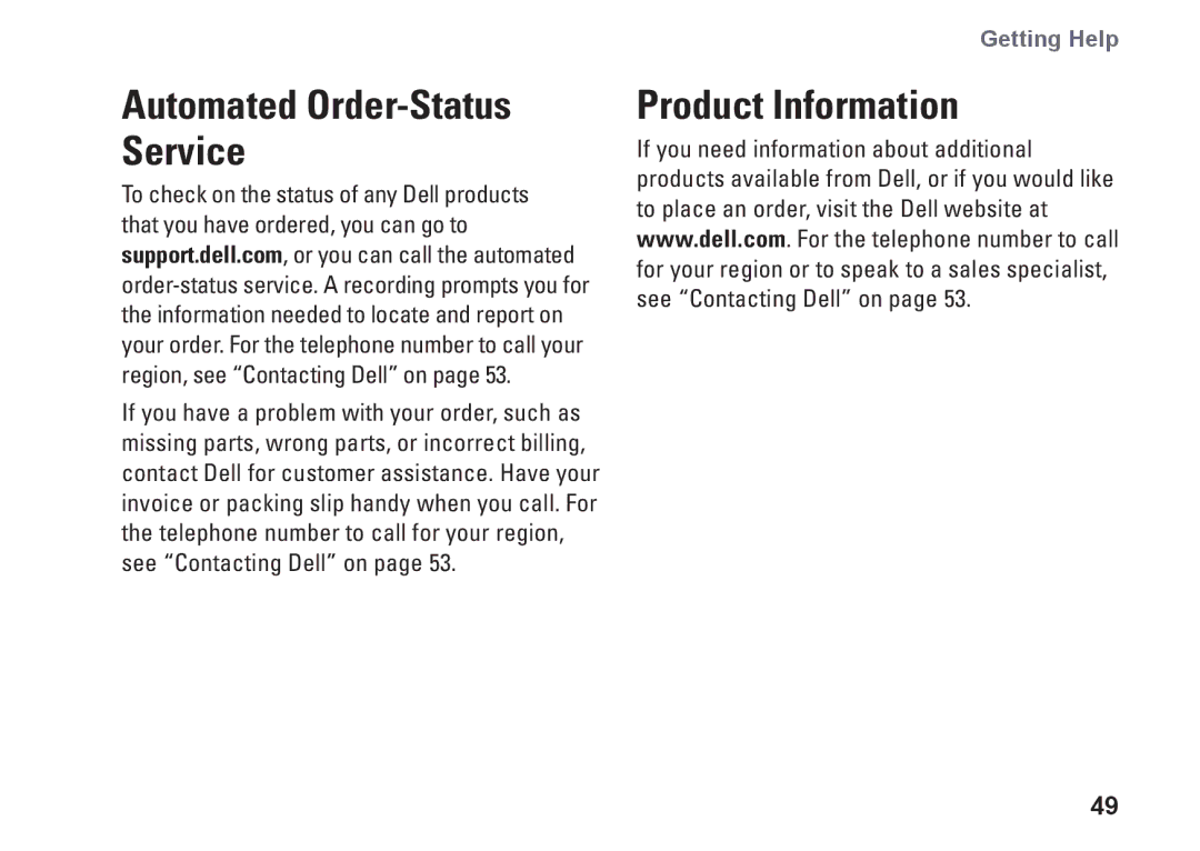 Dell KYX1Y, 9000 setup guide Product Information, Automated Order-Status Service 