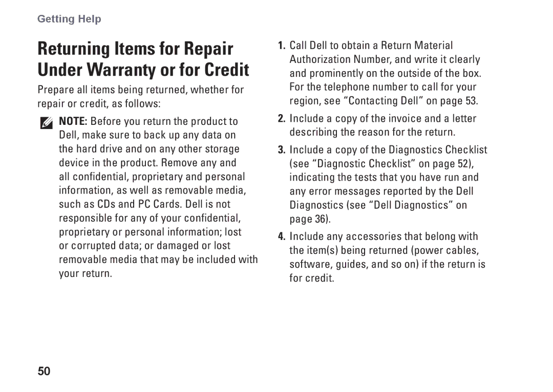 Dell 9000, KYX1Y setup guide Returning Items for Repair Under Warranty or for Credit 