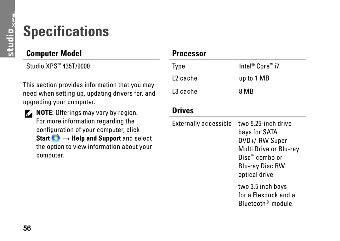 Dell 9000, KYX1Y setup guide Specifications, Computer Model, Processor, Drives 