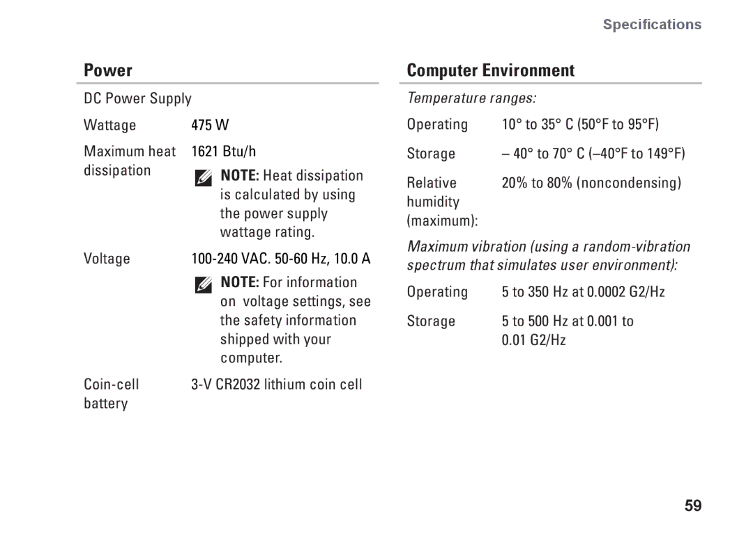 Dell KYX1Y, 9000 setup guide Power, Computer Environment 