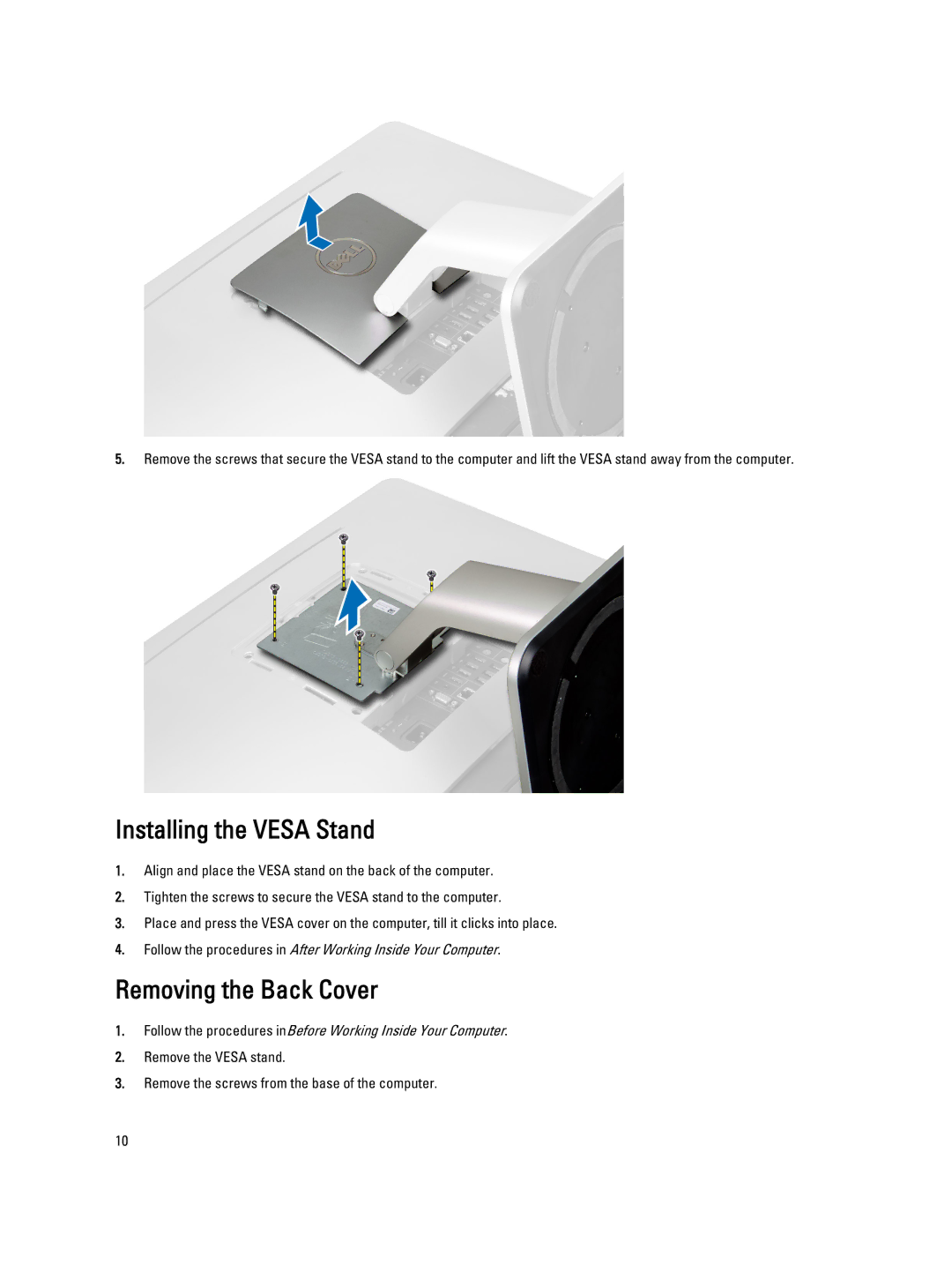 Dell 9010 owner manual Installing the Vesa Stand, Removing the Back Cover 