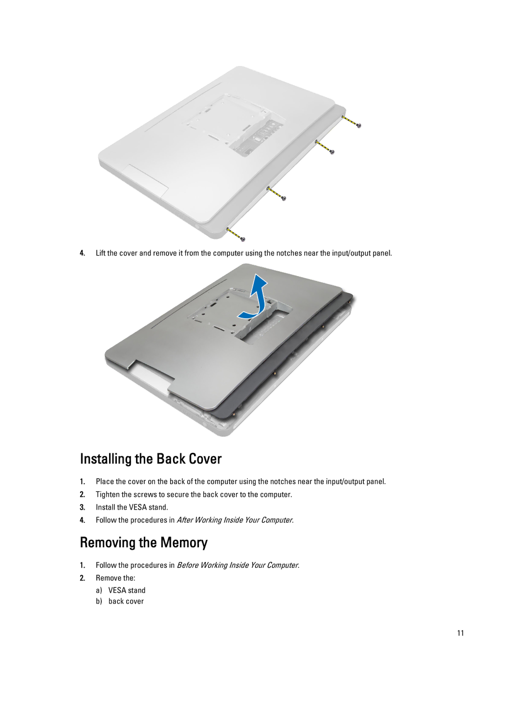 Dell 9010 owner manual Installing the Back Cover, Removing the Memory 