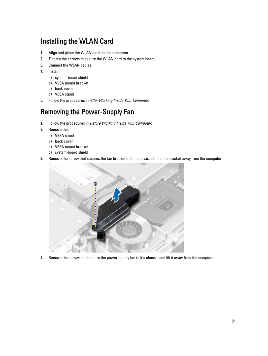 Dell 9010 owner manual Installing the Wlan Card, Removing the Power-Supply Fan 