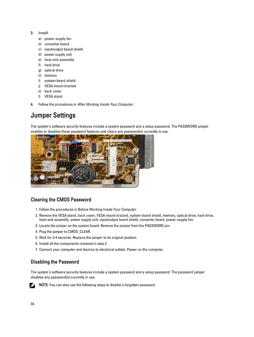 Dell 9010 owner manual Jumper Settings, Clearing the Cmos Password 