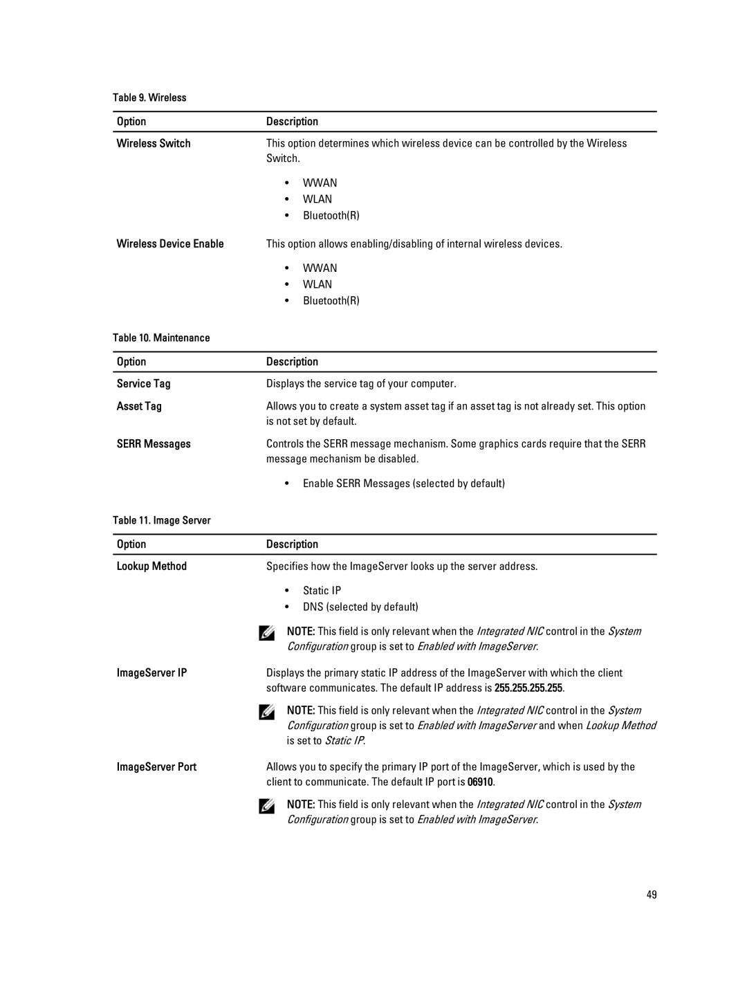 Dell 9010 Option Description Wireless Switch, Wireless Device Enable, Option Description Service Tag, Asset Tag 