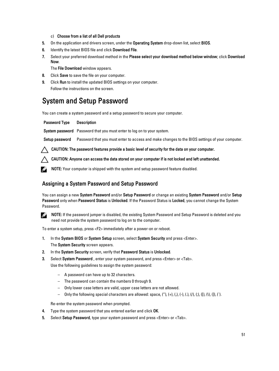 Dell 9010 System and Setup Password, Choose from a list of all Dell products, Password Type Description, Setup password 