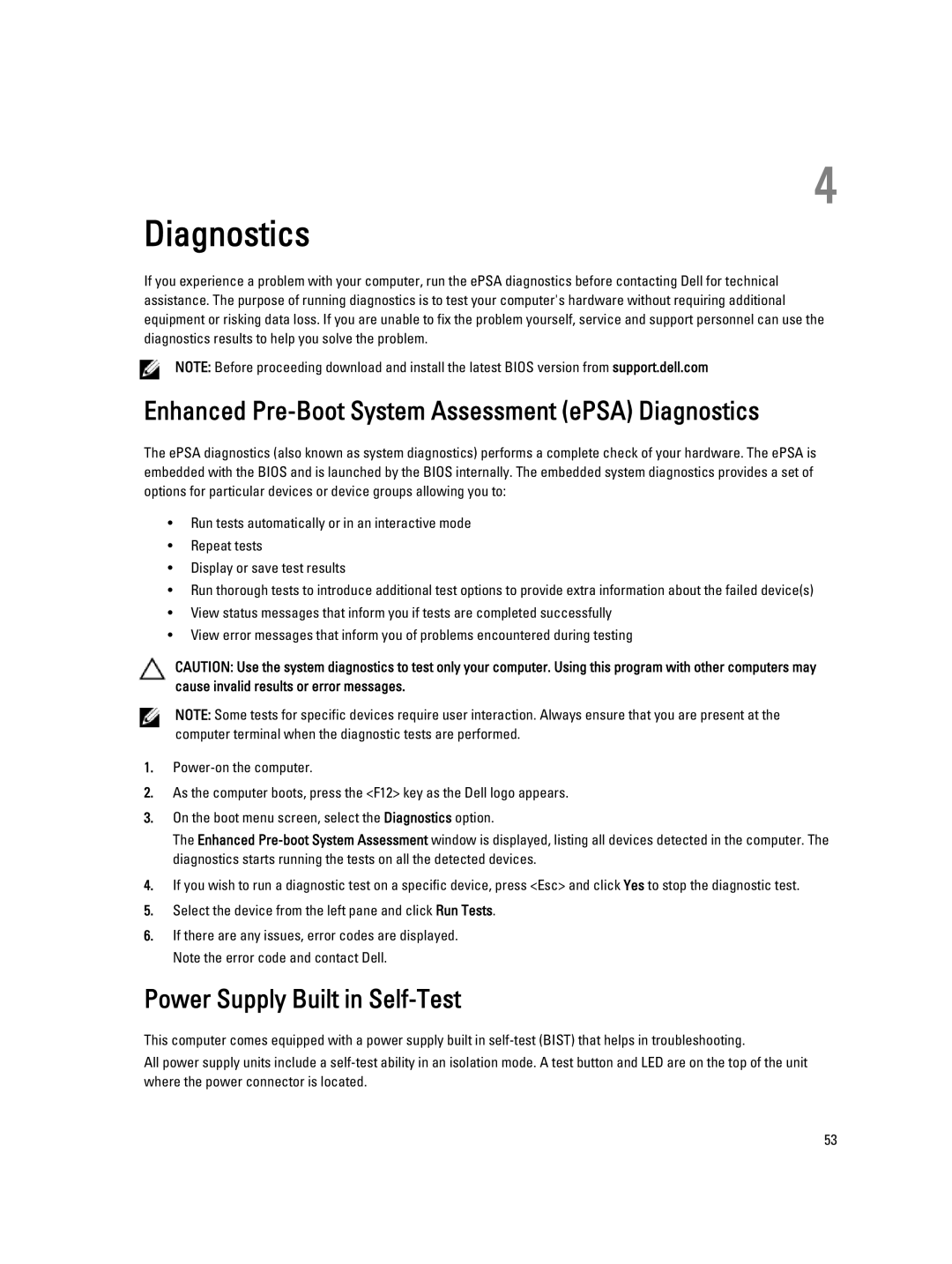 Dell 9010 owner manual Enhanced Pre-Boot System Assessment ePSA Diagnostics, Power Supply Built in Self-Test 