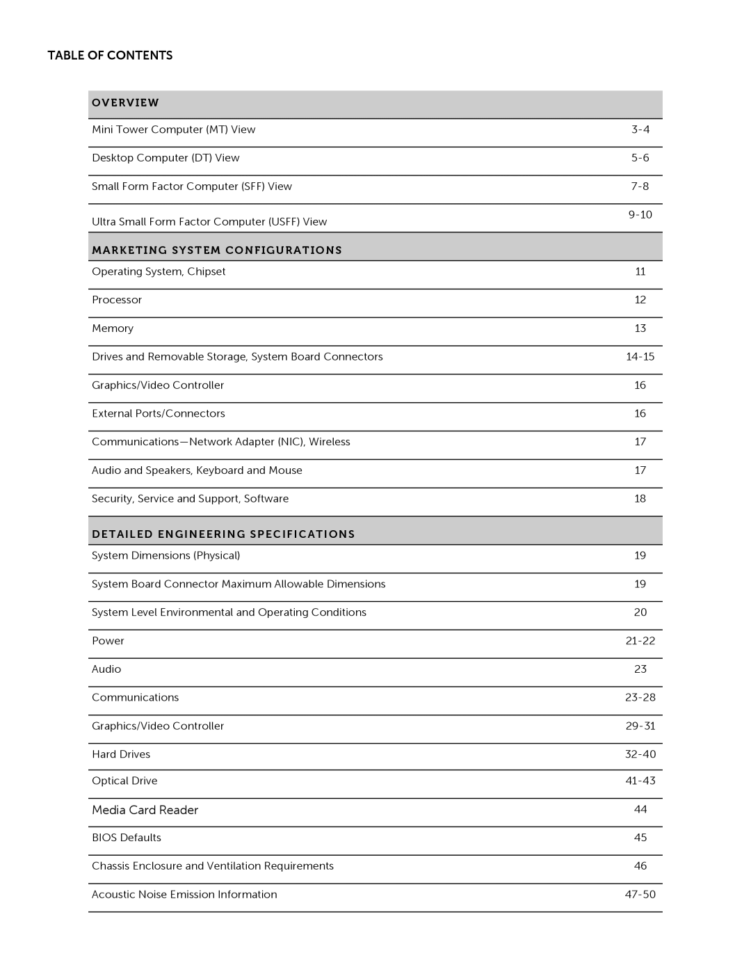 Dell 9010 manual Table of Contents 