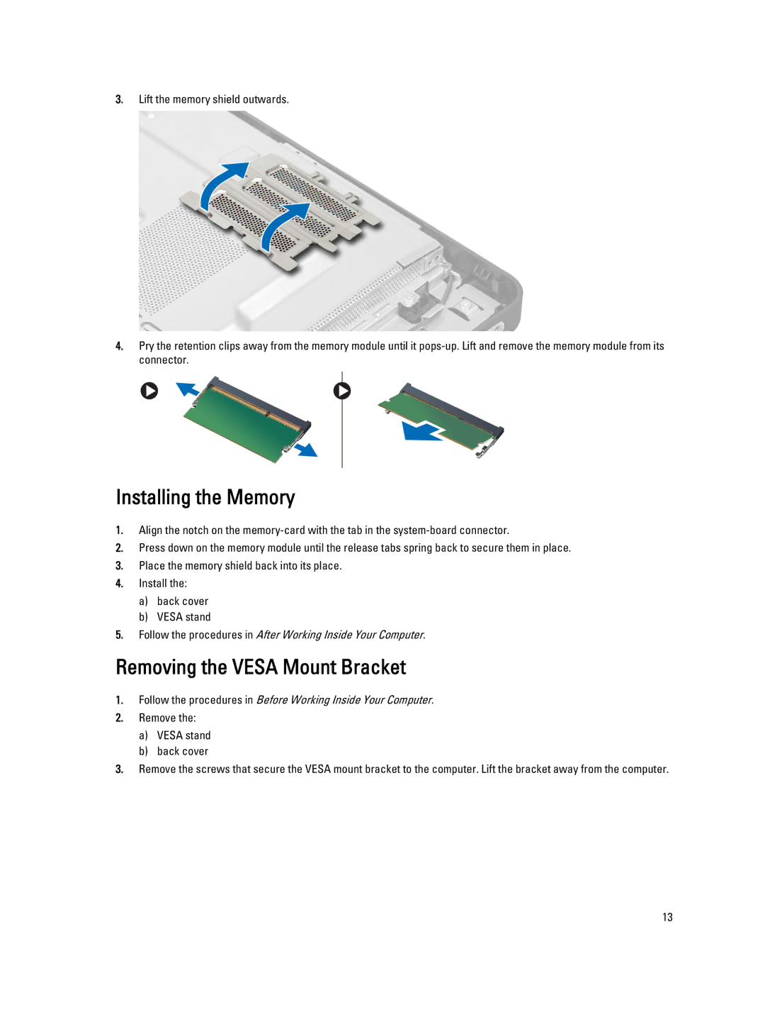 Dell 9020 AIO owner manual Installing the Memory, Removing the Vesa Mount Bracket 