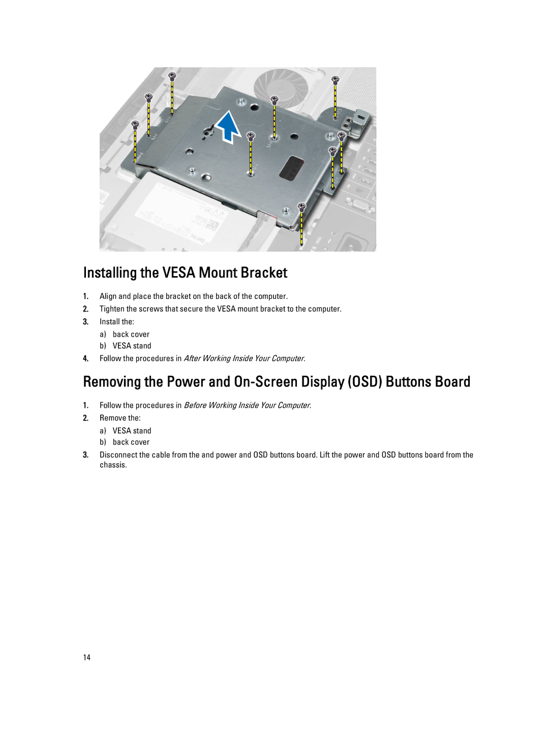 Dell 9020 AIO owner manual Installing the Vesa Mount Bracket, Removing the Power and On-Screen Display OSD Buttons Board 