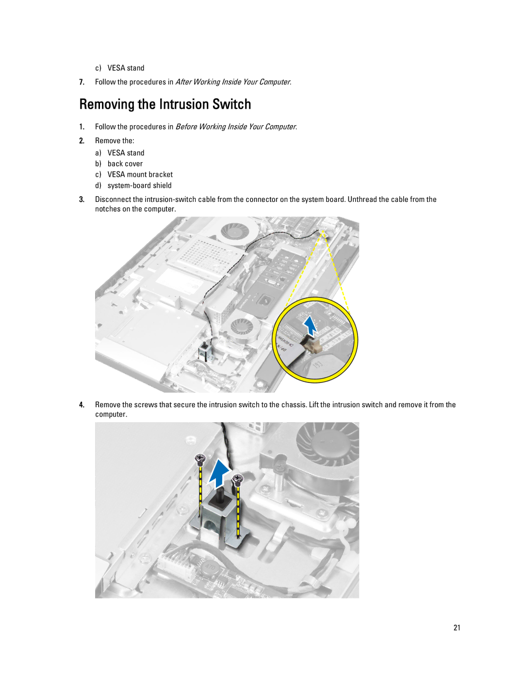 Dell 9020 AIO owner manual Removing the Intrusion Switch 