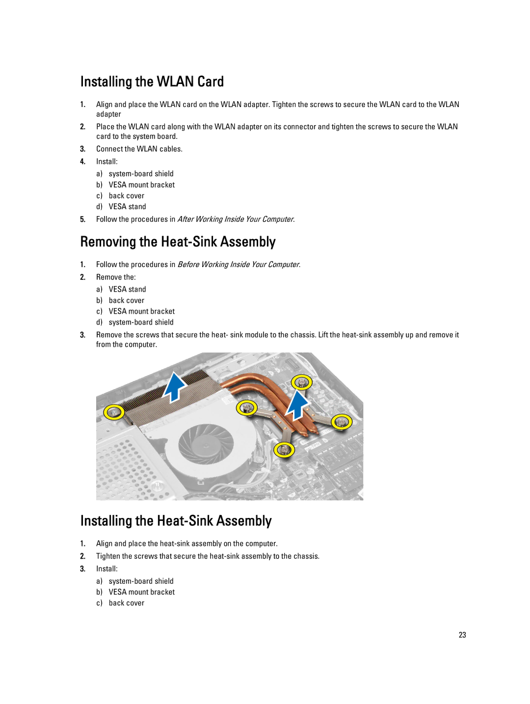 Dell 9020 AIO owner manual Installing the Wlan Card, Removing the Heat-Sink Assembly, Installing the Heat-Sink Assembly 