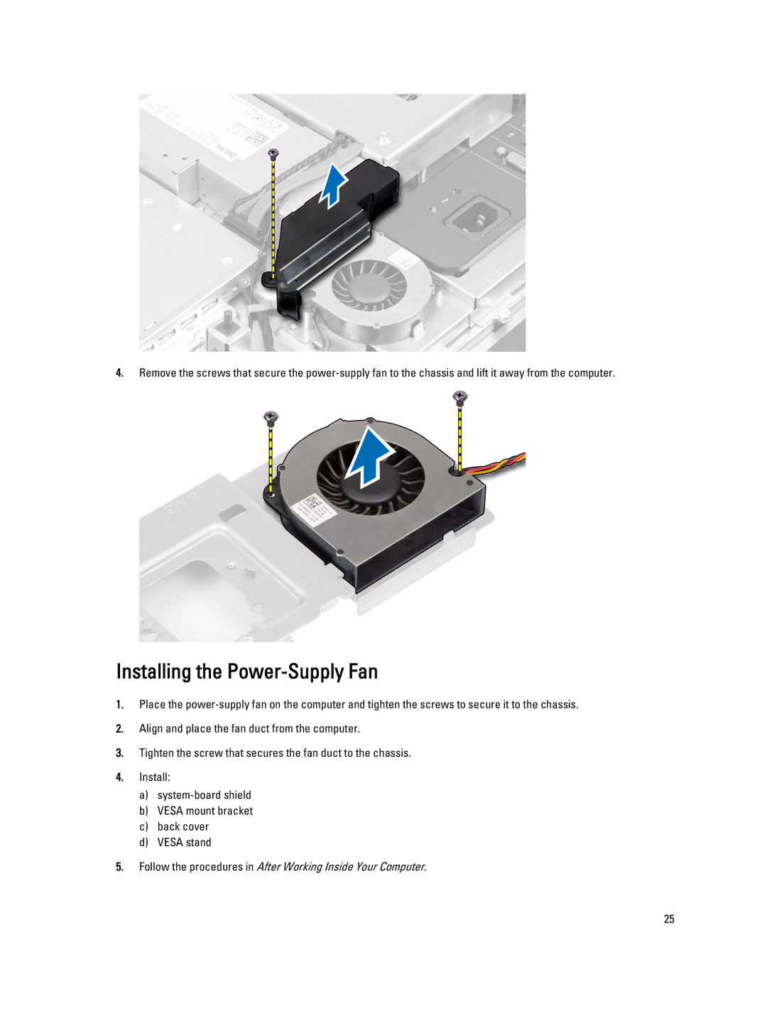 Dell 9020 AIO owner manual Installing the Power-Supply Fan 