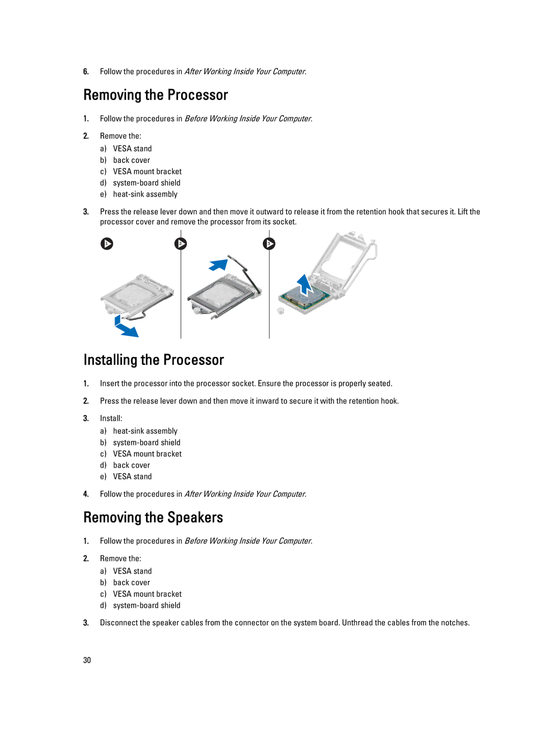 Dell 9020 AIO owner manual Removing the Processor, Installing the Processor, Removing the Speakers 