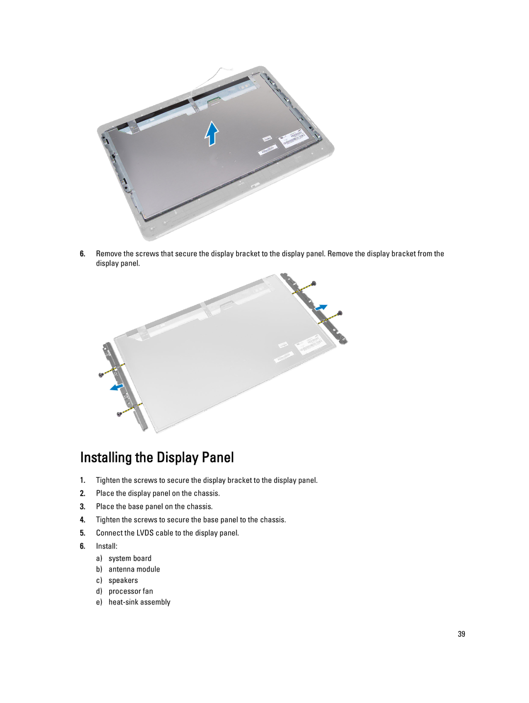 Dell 9020 AIO owner manual Installing the Display Panel 