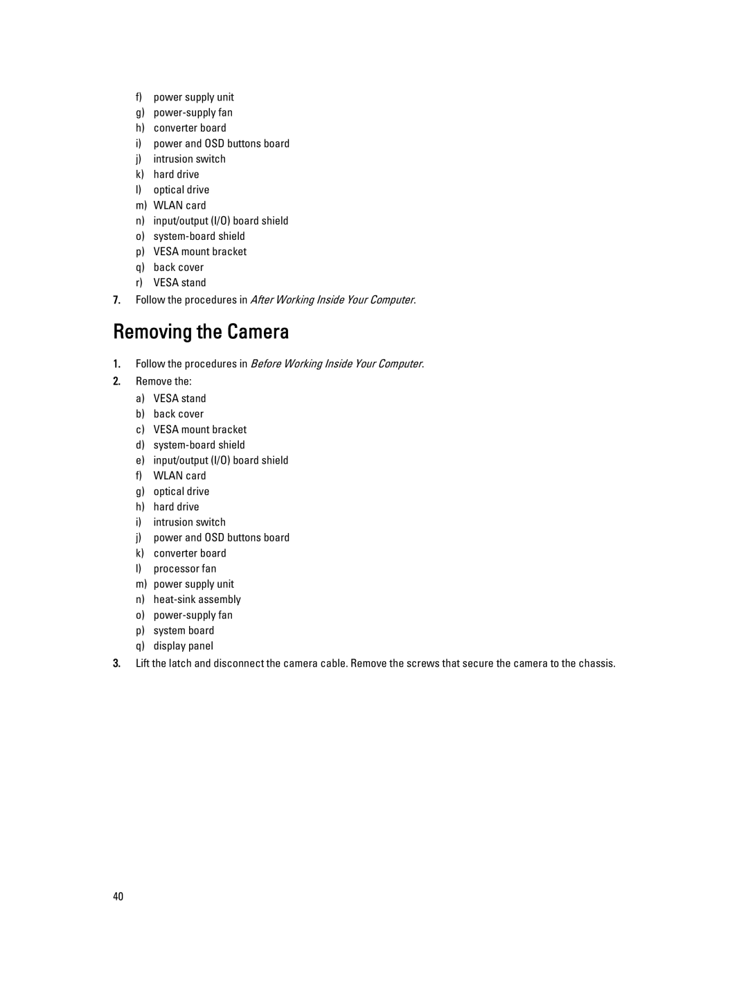 Dell 9020 AIO owner manual Removing the Camera 