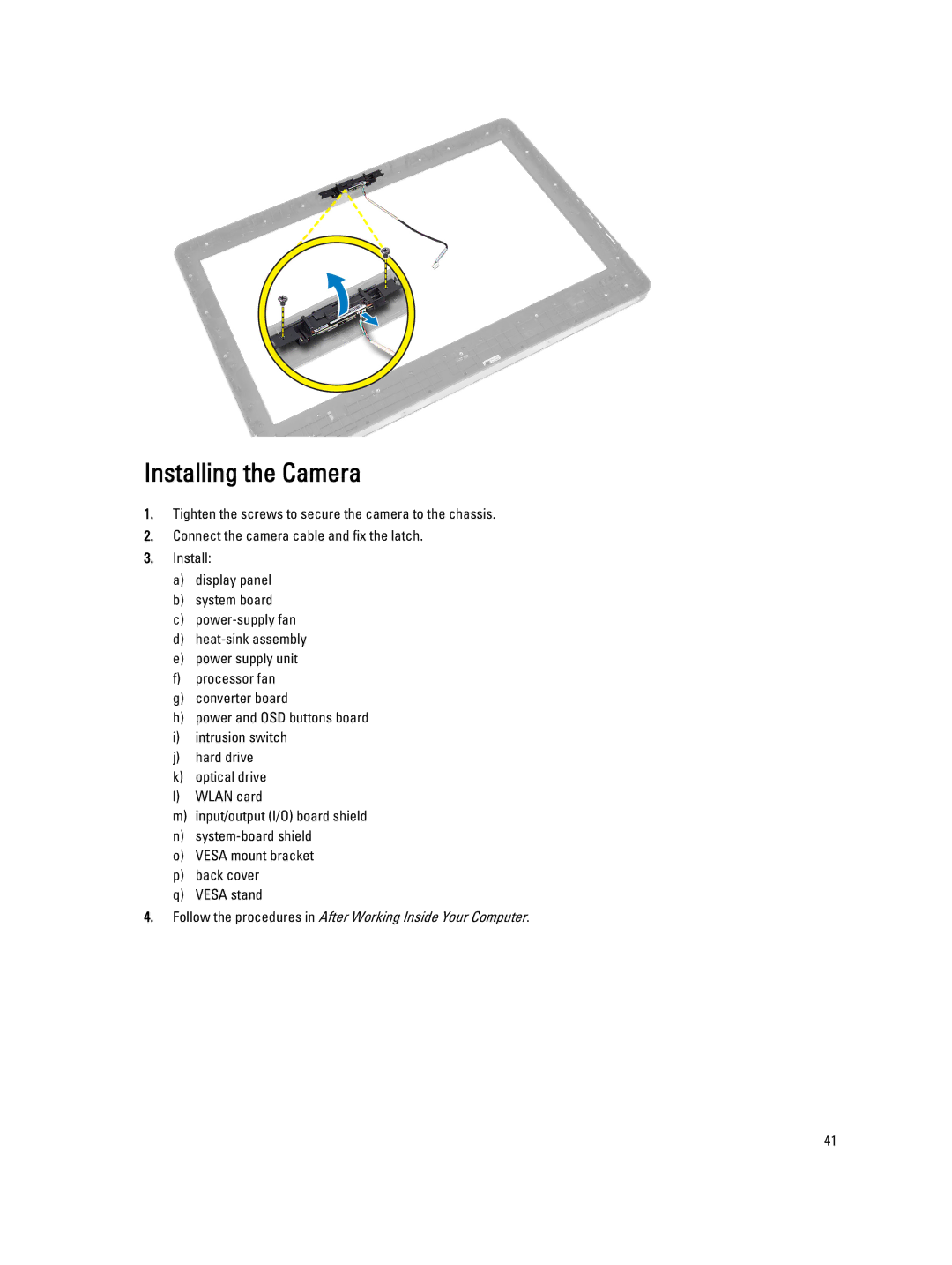 Dell 9020 AIO owner manual Installing the Camera 