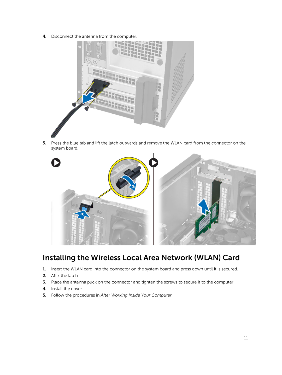 Dell 9020 owner manual Installing the Wireless Local Area Network Wlan Card 