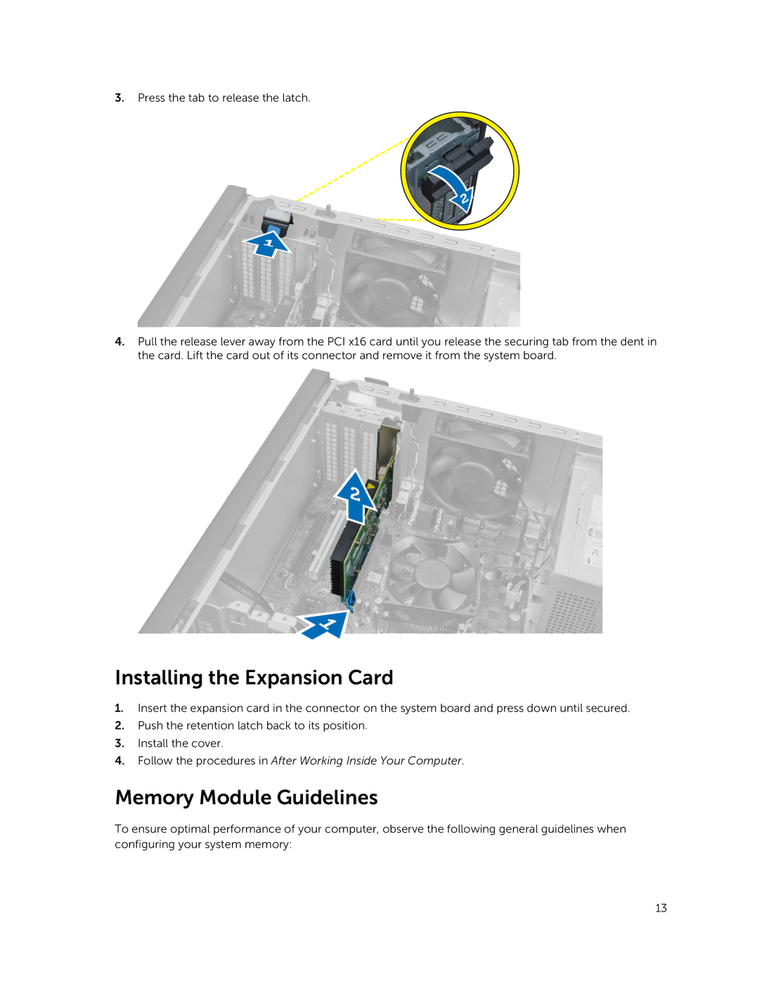 Dell 9020 owner manual Installing the Expansion Card, Memory Module Guidelines 