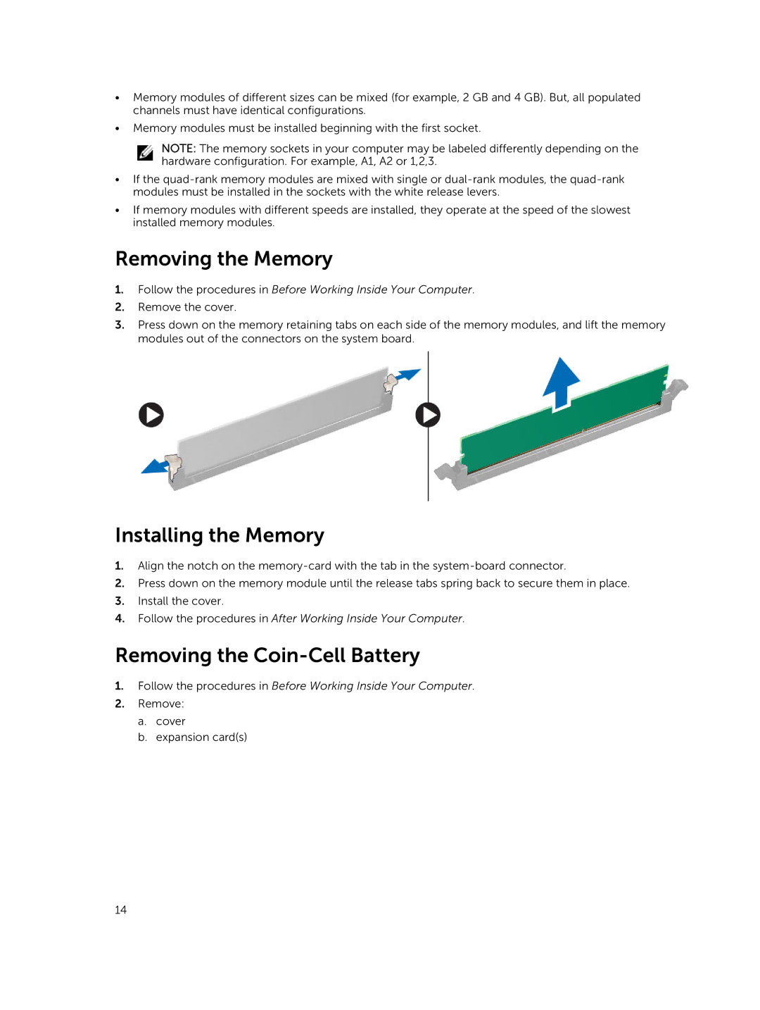 Dell 9020 owner manual Removing the Memory, Installing the Memory, Removing the Coin-Cell Battery 