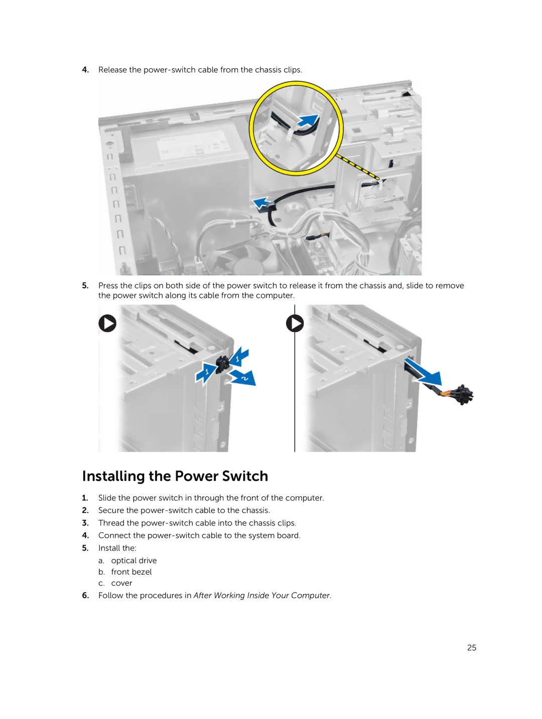 Dell 9020 owner manual Installing the Power Switch 