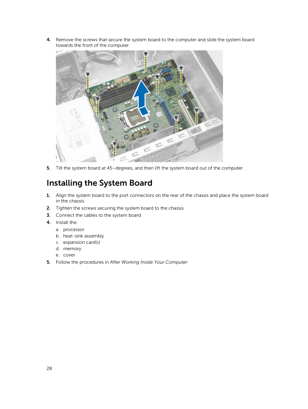 Dell 9020 owner manual Installing the System Board 