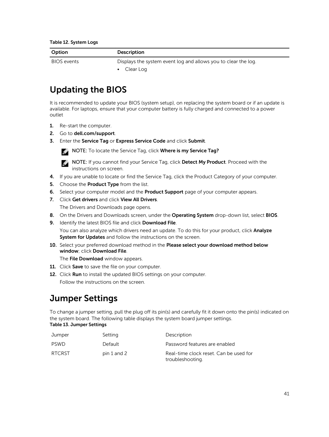 Dell 9020 owner manual Updating the Bios, Jumper Settings 