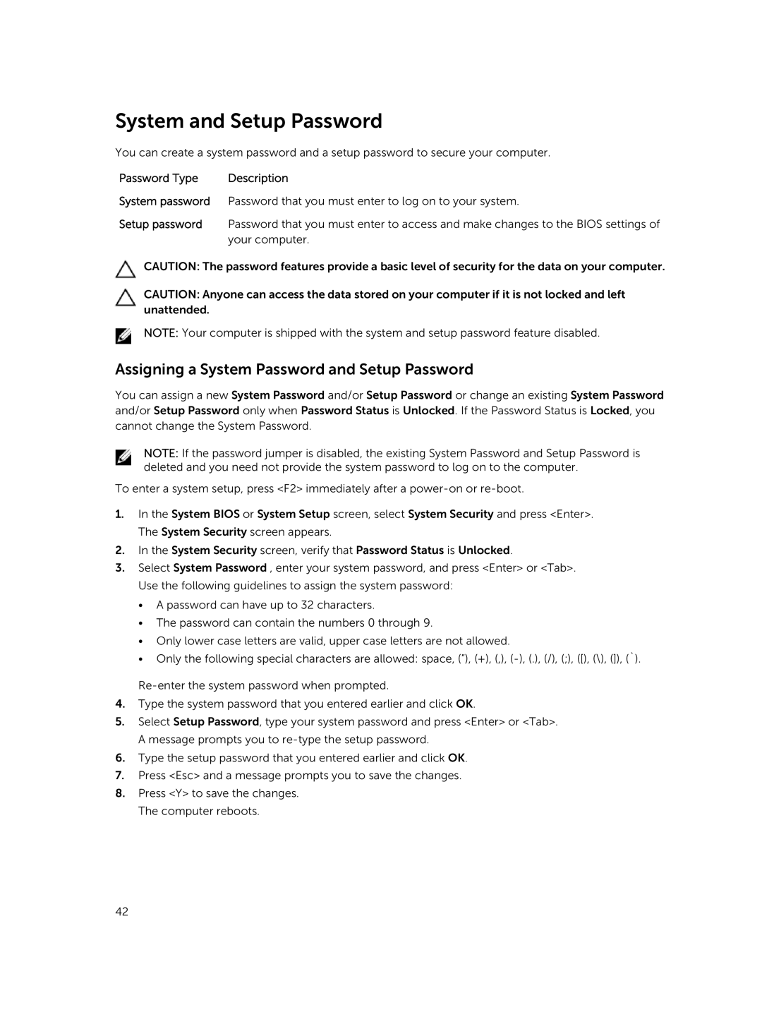 Dell 9020 owner manual System and Setup Password, Password Type 