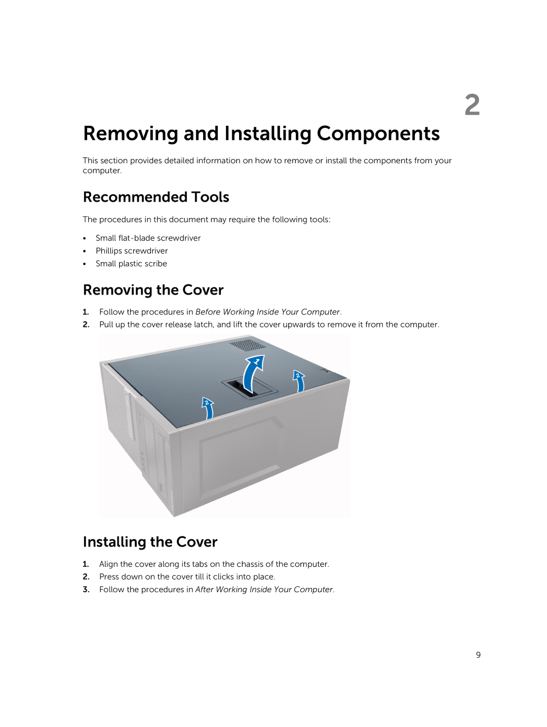 Dell 9020 owner manual Removing and Installing Components, Recommended Tools, Removing the Cover, Installing the Cover 