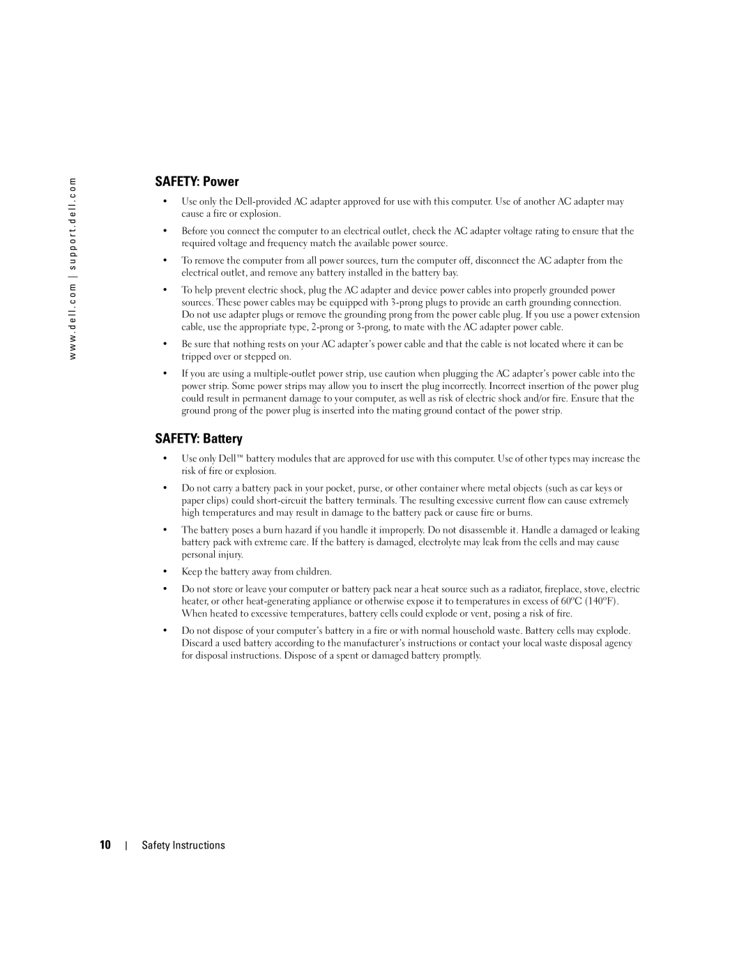 Dell 9100 owner manual Safety Power, Safety Battery 