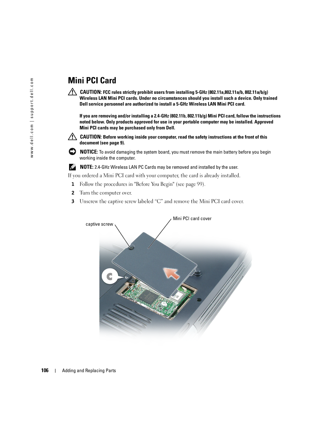 Dell 9100 owner manual Mini PCI Card, 106 