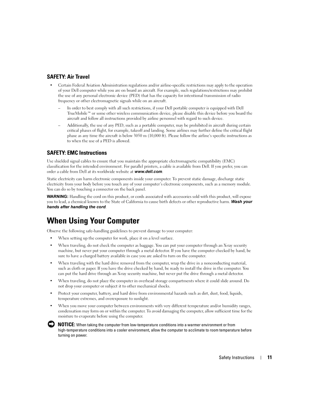 Dell 9100 owner manual When Using Your Computer, Safety Air Travel, Safety EMC Instructions 