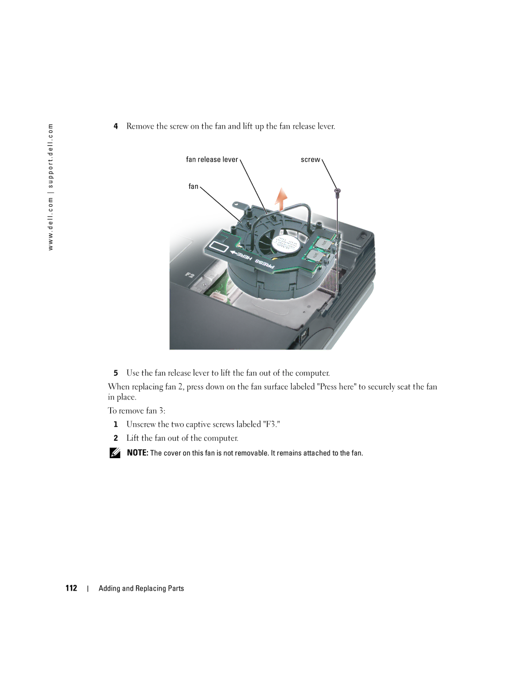 Dell 9100 owner manual Fan release lever 