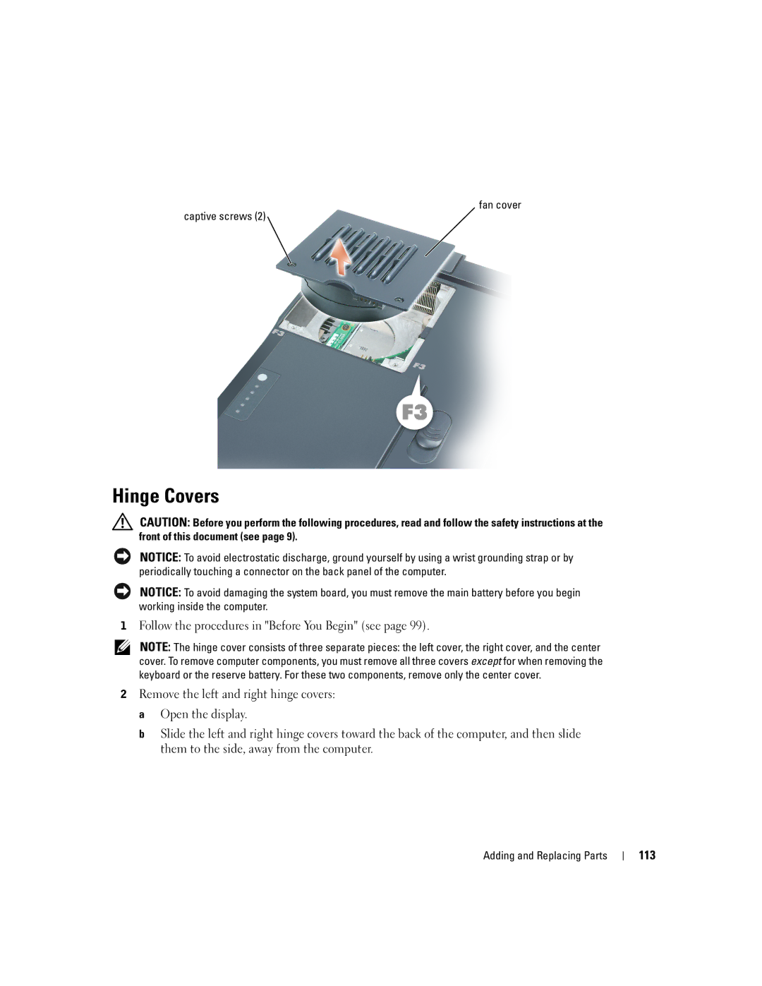 Dell 9100 owner manual Hinge Covers, 113 