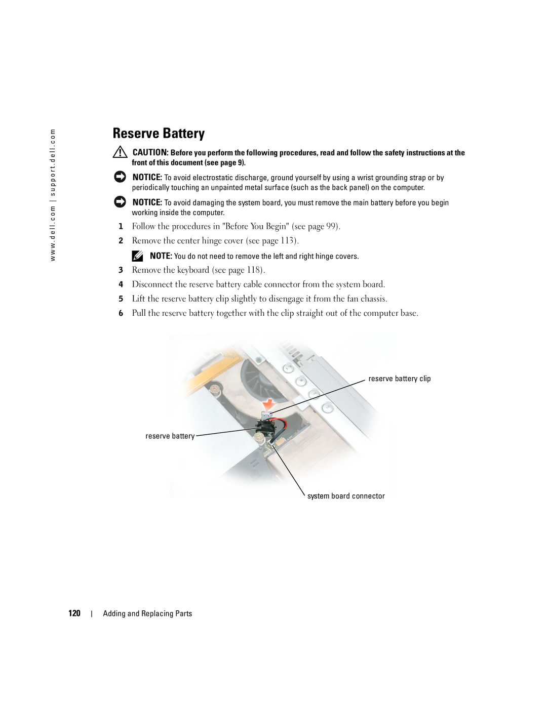 Dell 9100 owner manual Reserve Battery, 120 