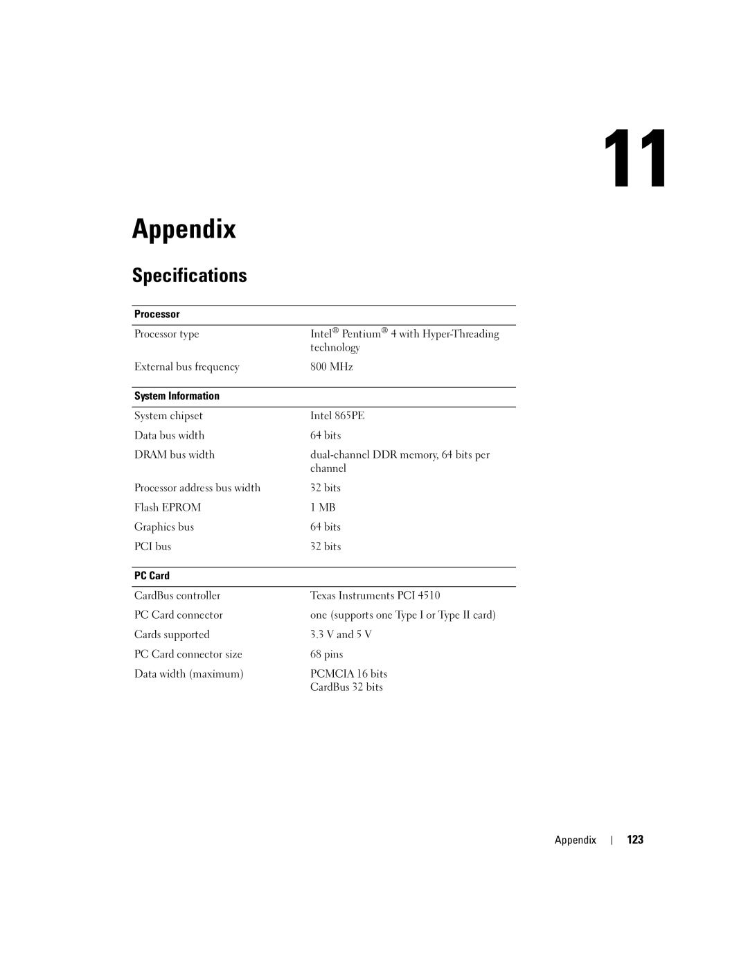 Dell 9100 owner manual Appendix, Specifications, 123 