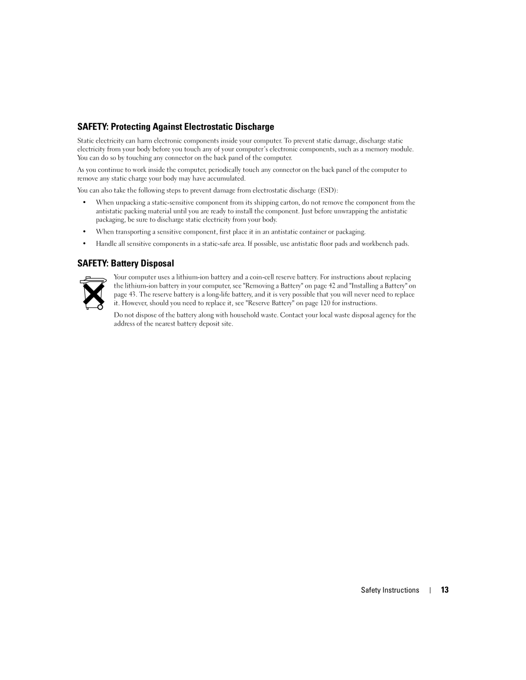 Dell 9100 owner manual Safety Protecting Against Electrostatic Discharge, Safety Battery Disposal 